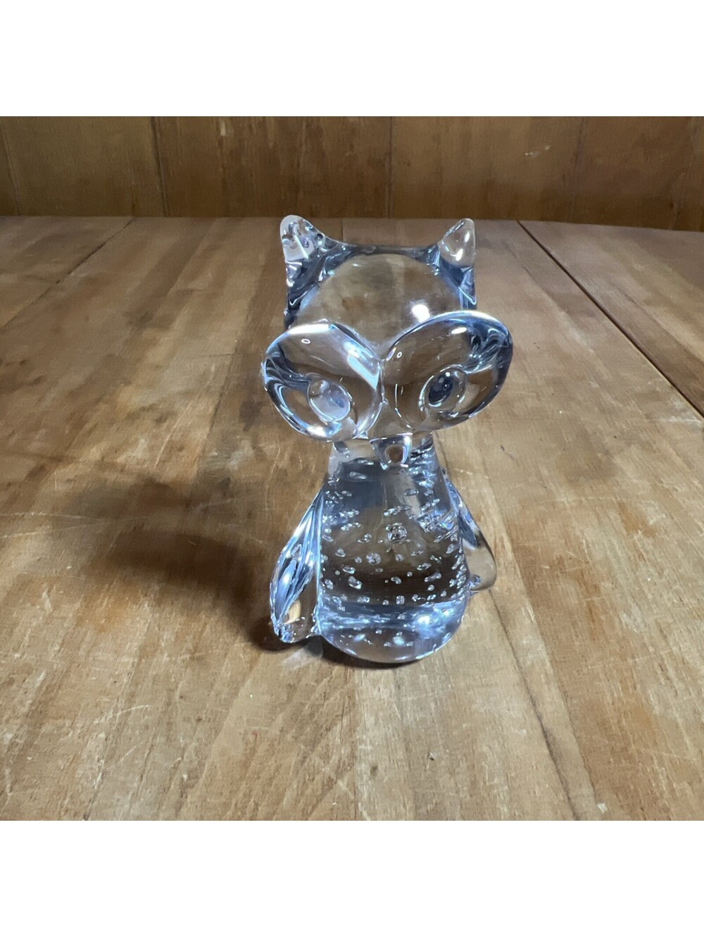 Vintage Art Glass Owl Figurine Clear Paperweight Bullicante Controlled Bubbles
